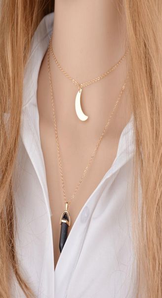 

fashion multi layer choker hexagonal prism moon pendant necklace bullet shape natural stone gemstone charm gold chains for women j8223929, Silver