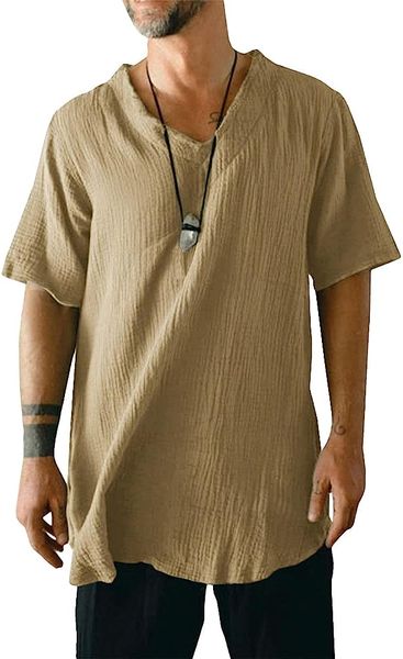 

mens short sleeve cotton linen tee v neck casual solid baggy tshirts, White;black