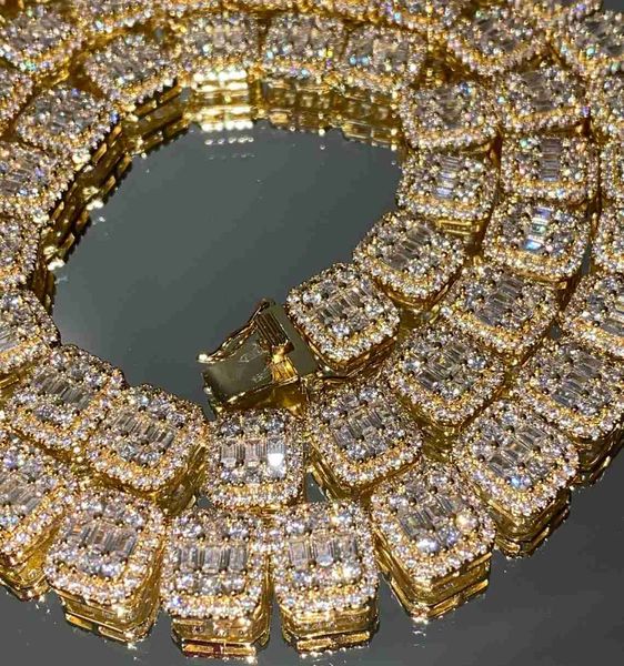 

bling fine jewelry necklace 12mm 925 sterling silver full iced baguette moissanite men's hip hop cuban chain necklace