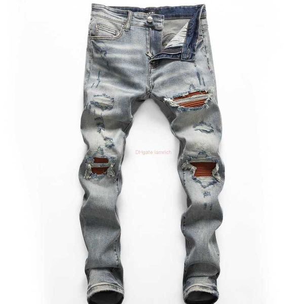 

designer clothing amires jeans denim pants amies made old heavy work washed patches torn holes cat whiskers personality trend youth fashion, Blue