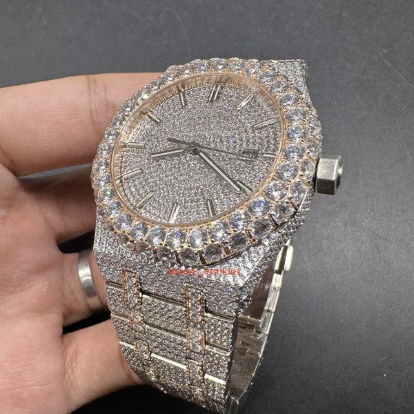 

new men's iced diamond watch 2tone rose gold case watches biger diamond bezel 8215 automatic movement shiny good wristwatchqfr6, Slivery;brown