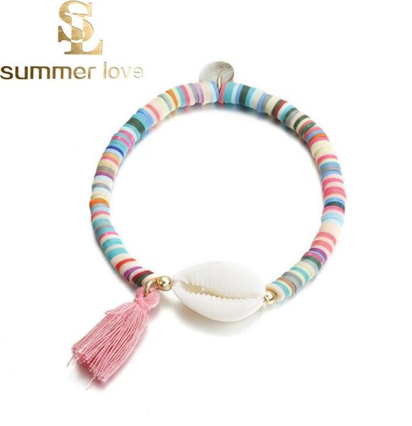 

fashion white shell elastic tassel charm bracelet bohemian colorful polymer clay beaded bracelets for women diy jewelry making gif3125052, Golden;silver