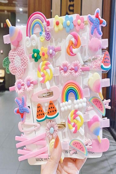 

14pcsset candy cloud lollipop hair side duckbill clips for girls cute rainbow barrettes hairbows sz5104610286, Slivery;white