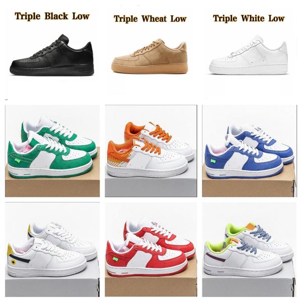 

kids baby big kid airforces casual hook & loop boys girls af1s low shoes flyline des chaussures schuhe scarpe white triple black wheat toddl