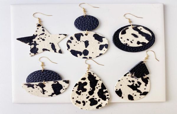 

genuine cowhide leather earrings cow grain circle waterdrop vintage earring patchwork star double layer cow print ear pendant9376999, Silver