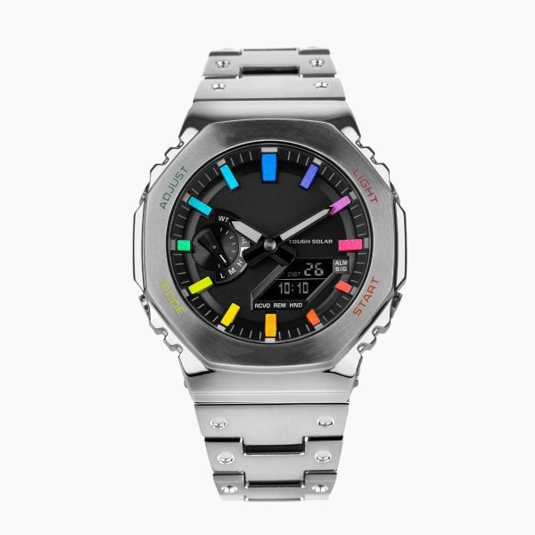 

original shock 2100 watch sports digital quartz gm oak watch rainbow alloy waterproof dial steel strap folding clasp world time full functio, Slivery;brown