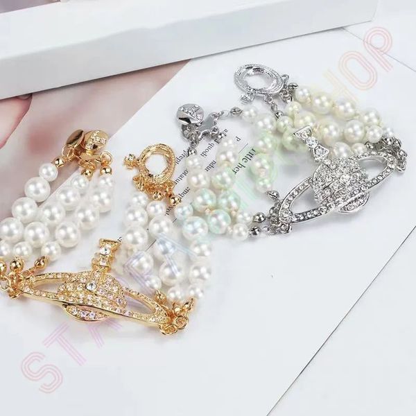 

luxury fashion beaded pearl bracelet three layer diamond filled saturn bracelets charming women wear noble elegant gold and silver bicolor v, Black