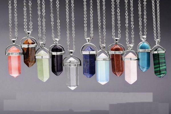 

10 styles natural stone pendant necklaces with stainless steel chain bullet hexagonal prism cross heart shapes crystal jewelry for3863411, Silver