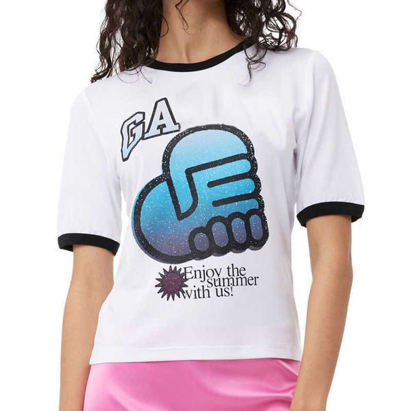 

23ss new summer ganni designer t shirt handshake print pattern casual cotton pullover round neck loose fashion short sleeve women, White