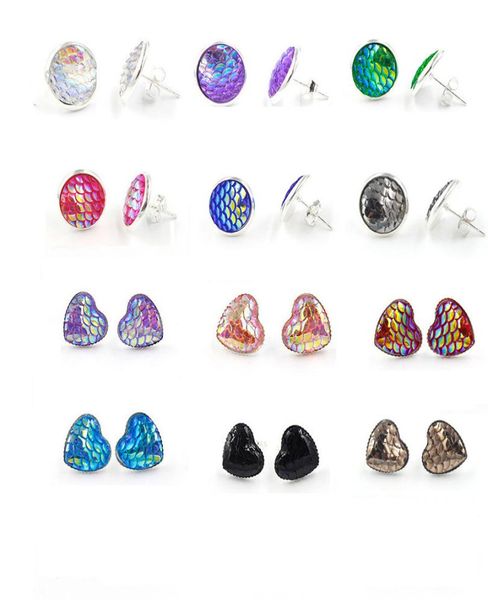 

12mm mermaid resin fish scale stud earring fishscale earrings round heart shaped silver plated7874787, Golden;silver
