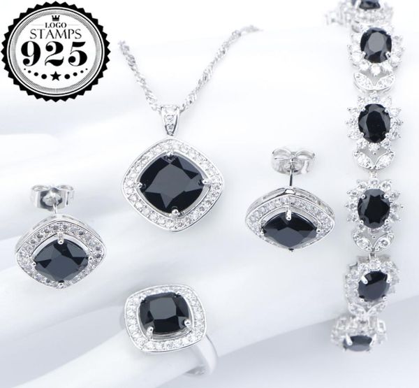 

silver 925 costume wedding black zircon jewelry sets for women bracelets earrings rings pendant necklace set jewellery gift box1973656