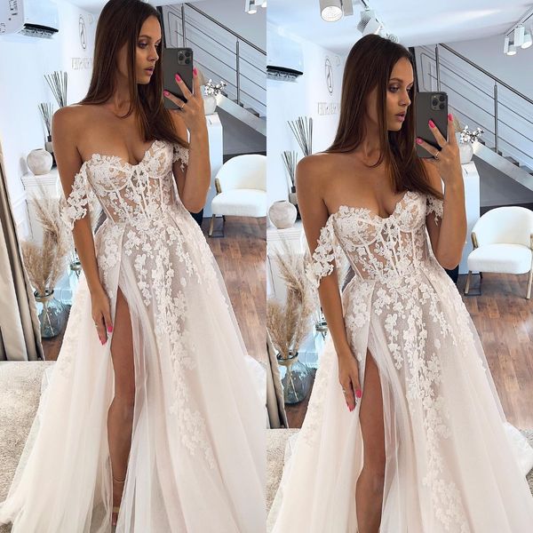 

vintage a line wedding dresses for bride off shoulder floral appliques lace wedding dress sweep train backless thigh slit long designer brid, White