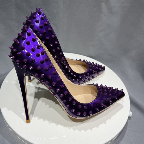 

all purple spikes rivets pointed toe super high heels women pumps party wedding fashion shoes plus size 42 43 44 45, Black