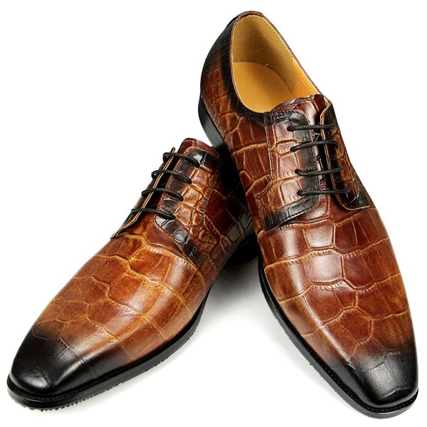 

luxury derby shoes men genuine leather shoes wedding dress classic casual shoes crocodile pattern ing, Black