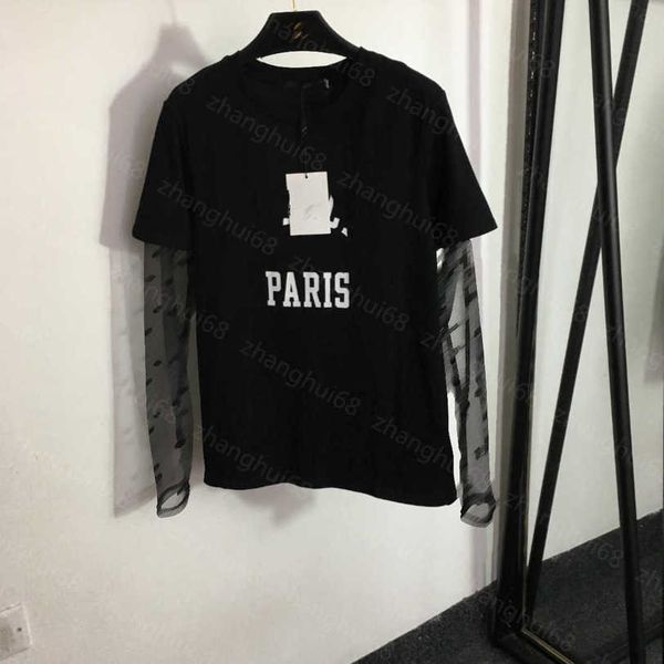 

23ss womens t-shirt womens designer clothing flocking letter see-through mesh long sleeve stitching fake two t-shirts women clothes a1, White