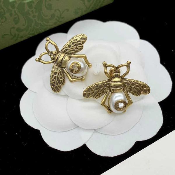 

double pearl little bee brass material high grade silver needle earrings female, Golden