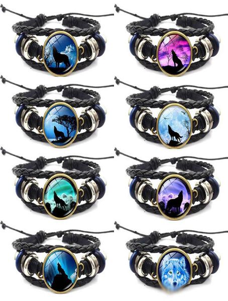 

moon wolf howling handmade glass cabochon woven leather bangles mens black animal bracelet diy jewelry for women9734730, Golden;silver
