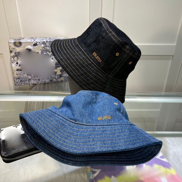 

women denim material washable craft designer bucket hat summer couple holiday travel letter embroidery wide brim hats, Blue;gray