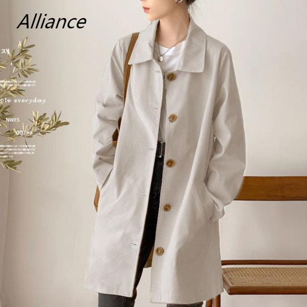 

fur spring and autumn medium and long women's trench coat korean version loose simple student ins tide wild fashion windbreaker miss, Black
