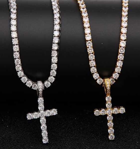 

iced out zircon cross pendant with 4mm tennis chain necklace set mens hip hop jewelry gold silver cz pendant necklace fashion desi6121232
