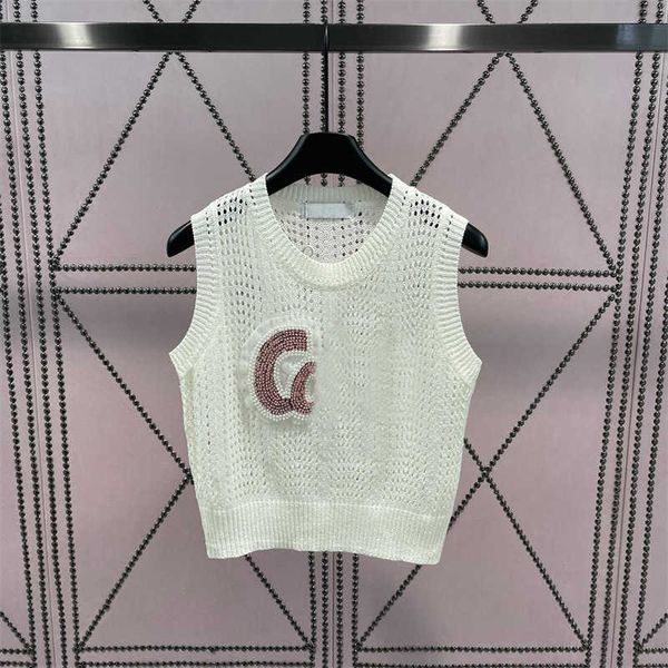 

summer new knitted undershirt sleeveless t-shirt hollow three-dimensional beadwork decoration comfortable fabric womens clothing 55, White