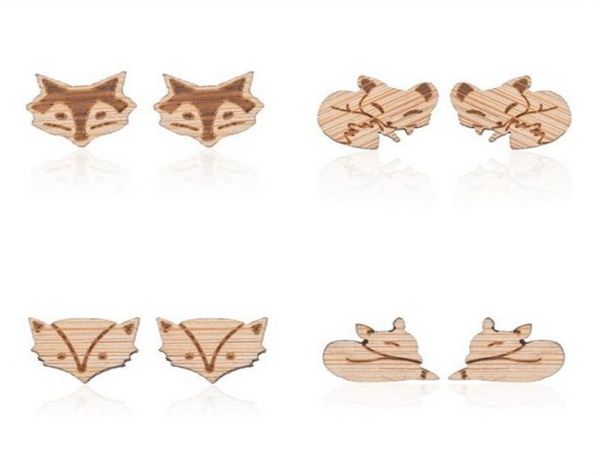 

handmade wood ear studs fox charm light weight stud earrings fashion jewelry party gift original color wood earrings8968298, Golden;silver