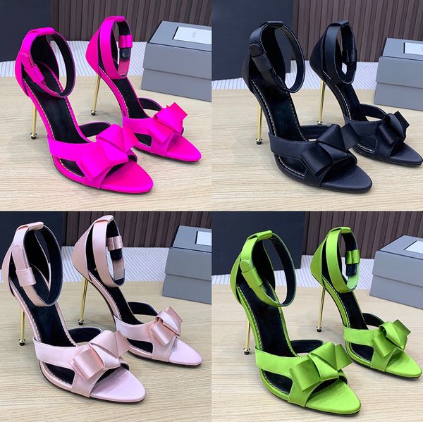 

satin bow stiletto sandals ankle-strap stiletto heels evening pointed shoes 105mm women heeled luxury designers sandal dress shoe factory fo, Black