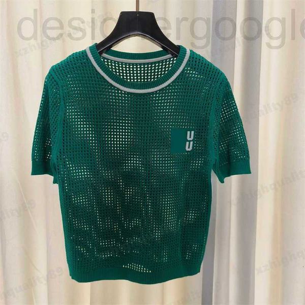 

women's t-shirt designer miu green tshirts summer knit tees shirt women designer short sleeves round neck letter embroidery hollow out, White