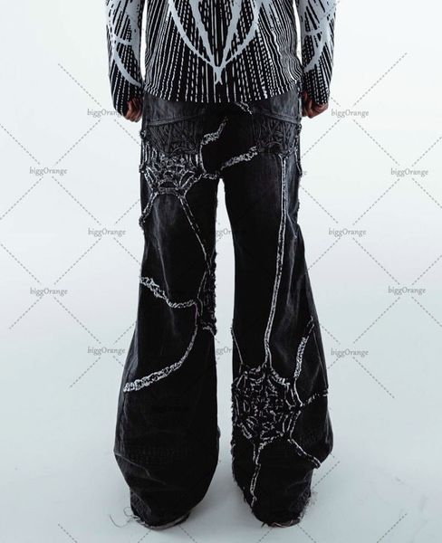 

men's jeans 2023 american trendy washed spider web striped wideleg pants men y2k gothic rock loose highwaisted straightleg 230625, Blue