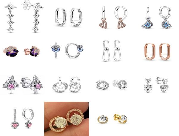 

2021 new 100% 925 sterling silver 261248c01 studs earrings signature bow square drill love heart ear charm beads fit original2144719, Golden;silver