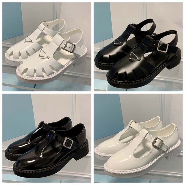 

2023 summer new designers sandals metal triangle label round head woven baotou women's thick sole genuine leather flat bottom hollow sh, Black