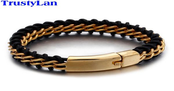 

trustylan gold color stainless steel leather bracelet men 18mm wide mens leather bracelets jewelry wristband drop gift c105749441, Black