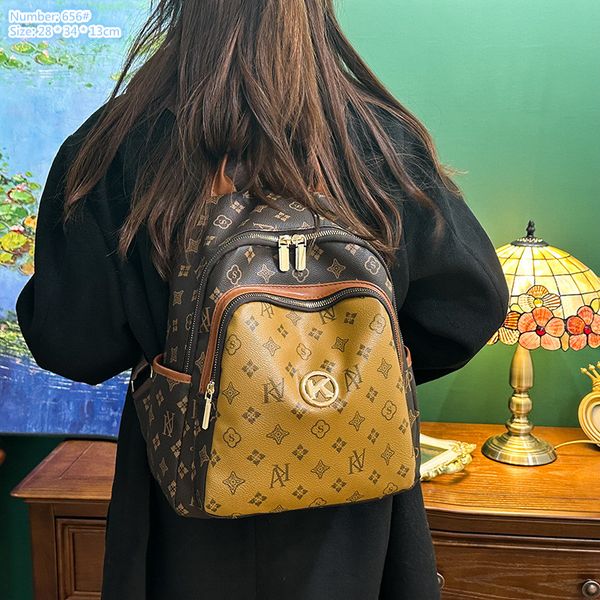

Factory wholesale ladies shoulder bags 2 colors soft printed fashion handbags simple Joker contrast leather backpack popular metal decorative student bag, Coffee-656#-soft fabric
