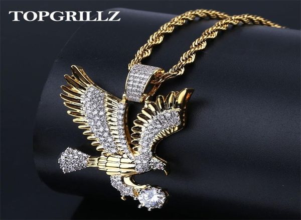 

rillz hip hop gold color plated copper iced out micro paved cz eagle pendant necklace men charm jewelry three style chains y209618089, Silver