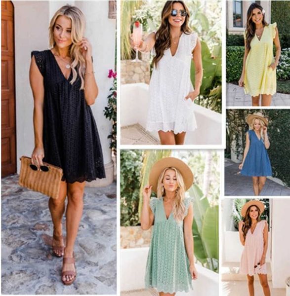 

2023 summer new women's skirt fashion club lace panel hollow v-neck dress comfortable women's long dress, Black;gray