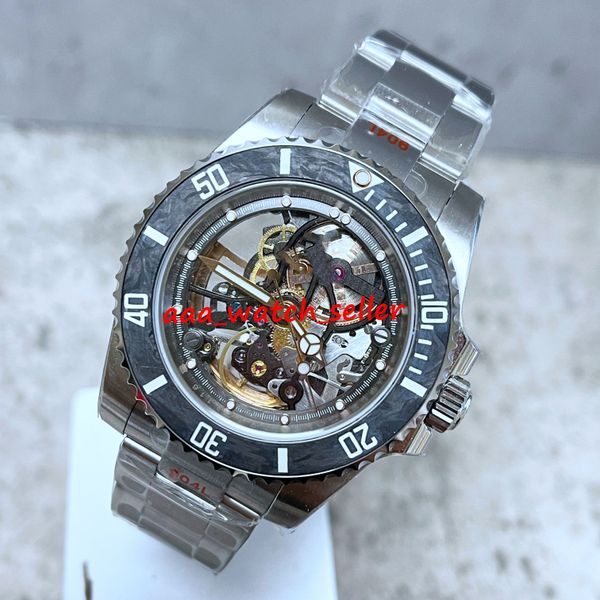 

ew factory luxury mens modified watches 40mm 116610 114060 carbon firber bezel skeleton dial 904l stainless steel 3130 automatic movement sp, Slivery;brown