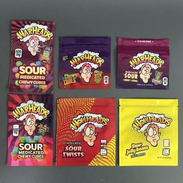 

medicated warheads edibles packaging bags 400mg sour chewy cubes candy resealable empty mylar bag 500mg wowheads jelly beans 600mg sour smel