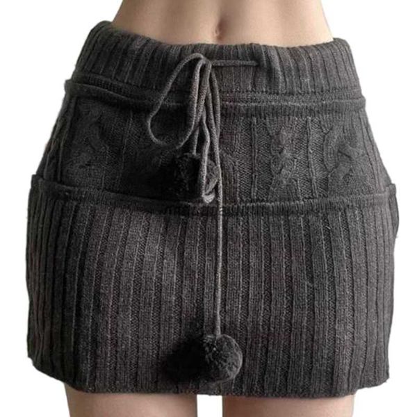 

xingqing y2k knitted skirt 2000s aesthetic fairycore grunge lace up bandage mini skirt winter short skirt for woman streetwear l230621, Black
