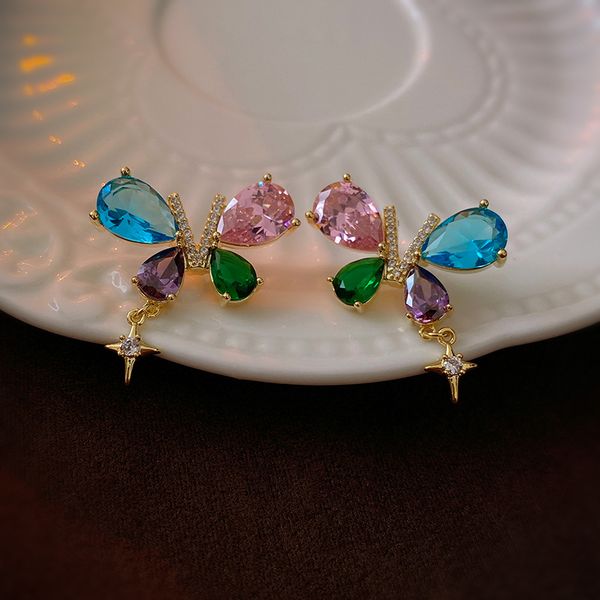 

s3738 gold plated s925 silver post zircon butterfly awn star dangle earrings sweet light luxury stud earrings
