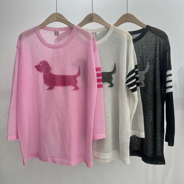 

casual tb knitwear designer women long sleeve tshirt with diamond pullover tee hollow breathable knitted oversize womens clothing, White
