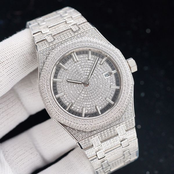 

full diamond mens automatic watches mechanical watch 41mm bezel waterproof fashion business wristwatches montres de luxe gifts men, Slivery;brown