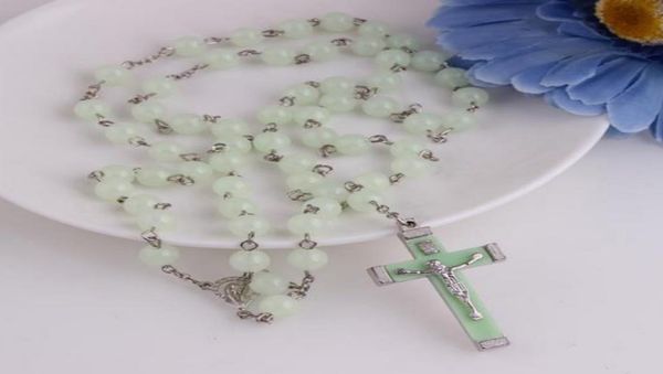 

light blue glow in dark plastic rosary beads luminous noctilucent necklace fashion religious jewelry party gift ps09958273495, Silver