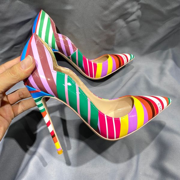 

colorful striped print women pumps high heels light pointed stiletto pumps elegant wedding slip on customizable heel shoes, Black