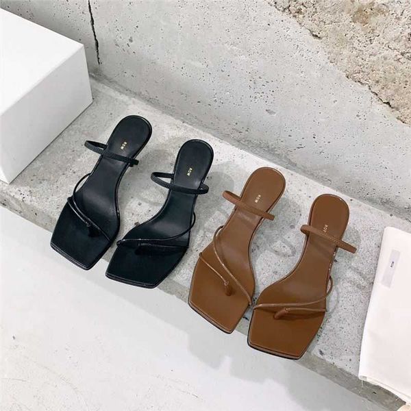 

the row new row high heeled sandals for women wearing square toe clipped sheepskin for summer wear with a hollow slim heel cat heel clipped, Black