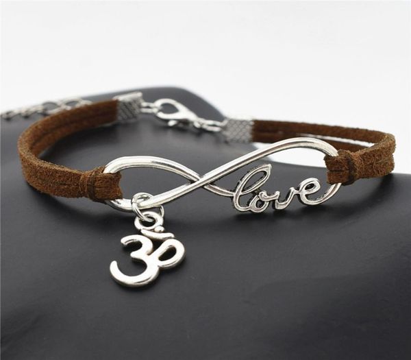 

afshor 2018 personality jewelry hindu tibetan silver infinity love buddhist 3d ohm aum yoga om symbol charms leather bracelet for 5538023, Golden;silver