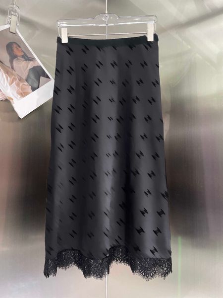 

elegant women dresses summer designer skirts full printed letters flocking high waist black lace edge half long skirt womens slim clothing