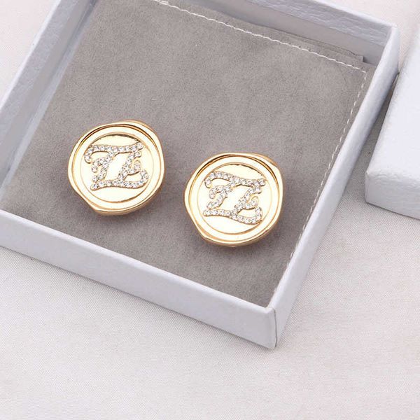 

double f premium french fashionable diamond embedding geometric button letter lacquer print gold earrings, Golden