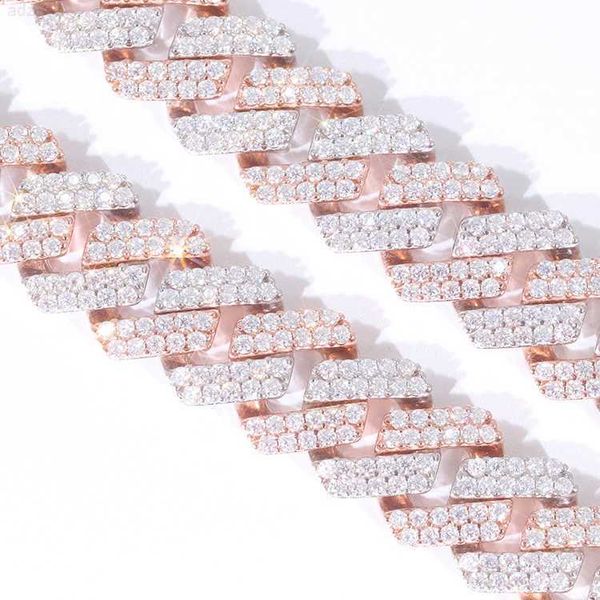 

luxury bling white and pink 15mm 2rows s925 plated solid gold insert vvs moissanite cuban link chain with custom, Silver