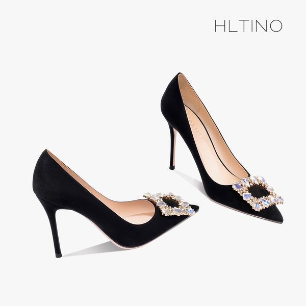 

2023 new black leather rhinestone women pumps suede high heels shoes fashion office shoes stiletto party female shoes 8cm 10cm43
