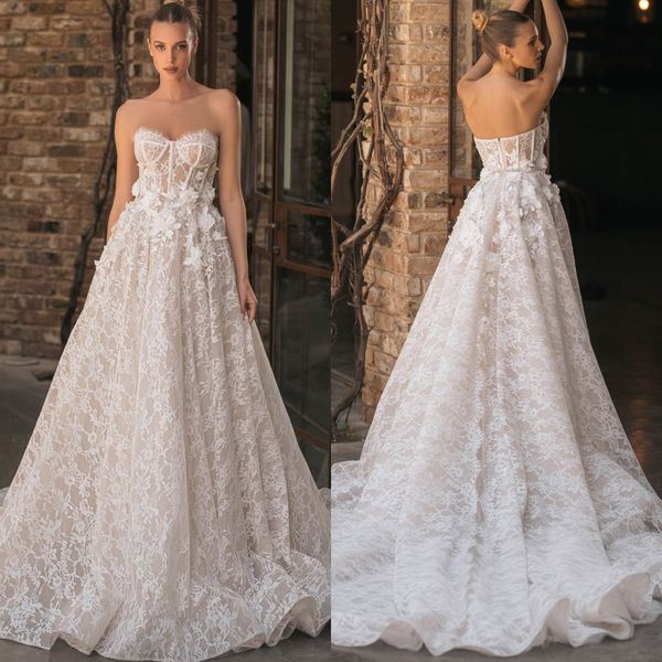 

berta a line wedding dresses for bride sweetheart lace wedding dress sweep train backless waist appliques long designer bridal gowns, White